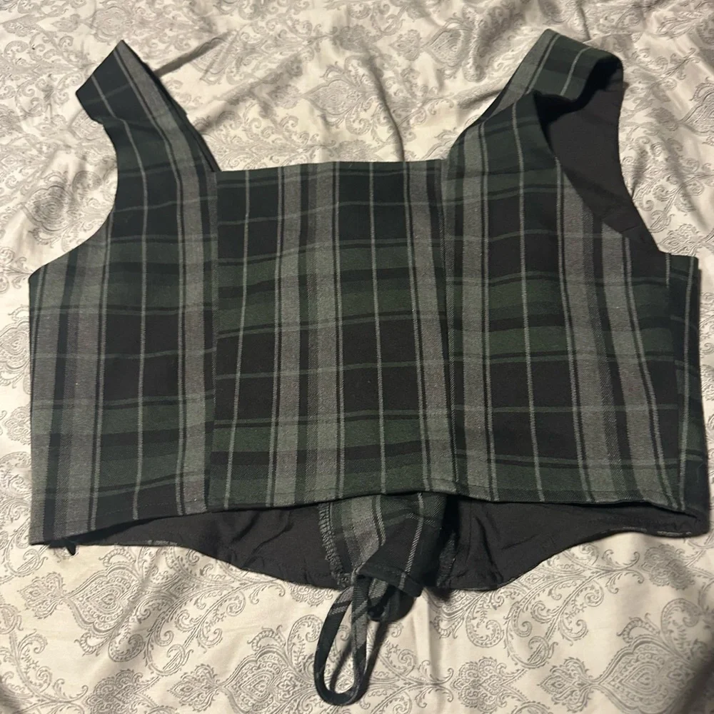 Disturbia Black and Green Plaid Lace-Up Blouse - Picture 2 of 2